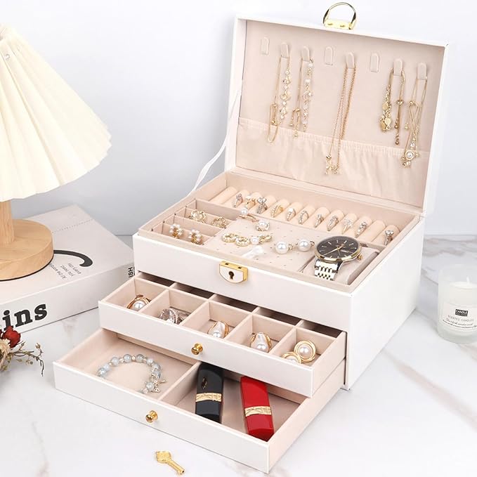 3 Layer Jewelry Organizer Box with Drawers, Lockable PU Leather Jewelry Storage Case for Necklace Earring Ring Bracelet Watch, White