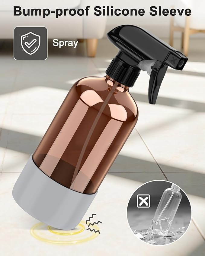 Bontip Amber Glass Spray Bottle with Silicone Sleeve Protection, 16 oz Refillable Spray Bottle for Cleaning Solutions, Plants, Aromatherapy, Facial Hydration (Grey Sleeve(Amber Bottle)