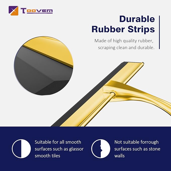 TOOVEM 12 Inch Shower Squeegee for Glass Doors, Window, Bathroom, Car Windshield, Shower Cleaning Tools with S Hook, Square Sticky Hook（Gold）