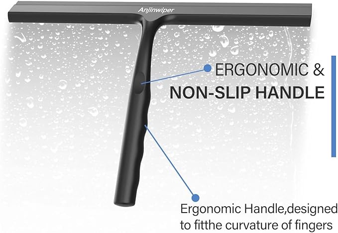 Anjinwiper Household Squeegee for Shower Glass Doors, Silicone Shower Squeegee with Adhesive Hook, Bathroom Squeegee for Shower, Window Cleaner Tool for Glass Door, Kitchen, Tile Wall(10 inch-Black)