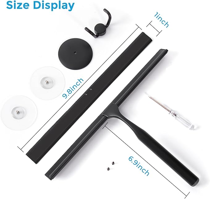 Quntis 10-Inch Matte Black Shower Squeegee for Glass Doors – Stainless Steel with Non-Slip Handle, Replacement Blade & Hook – Ideal for Bathroom, Mirrors, Tiles, and Car Windows