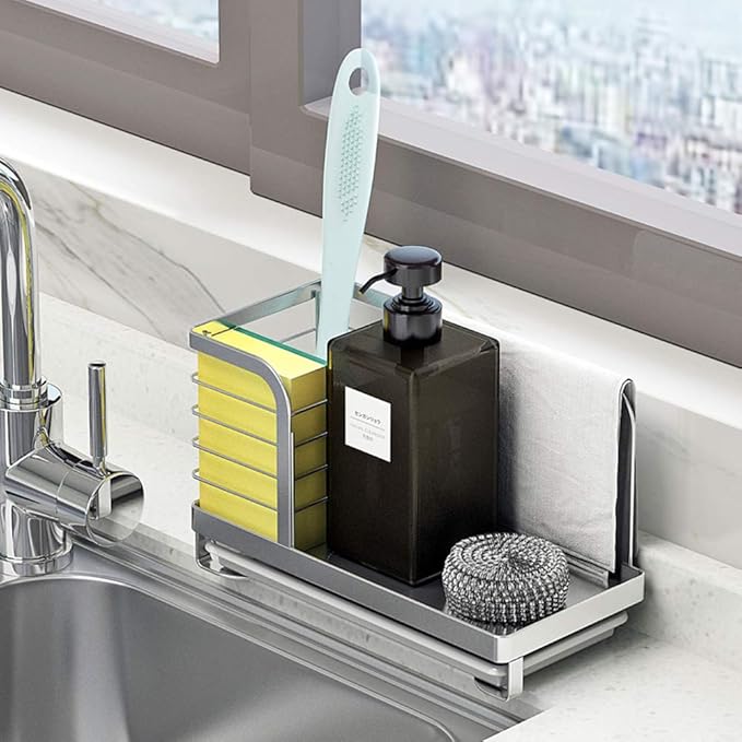 MINGFANITY Kitchen Countertop Dish Soap and Dishwashing Brush Holder, SUS 304 Stainless Steel Sponge Organizer, Basket for Cleaning and Scrub Tool, Kitchen Sink Brush Caddy Holder
