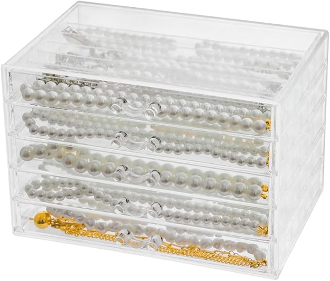 Necklace Box Tray with 5 Clear Drawers, Dustproof Necklaces Holder Storage Display Case, Necklace Tray Drawer for Pendant Suitable for Women and Girls (Transparent)