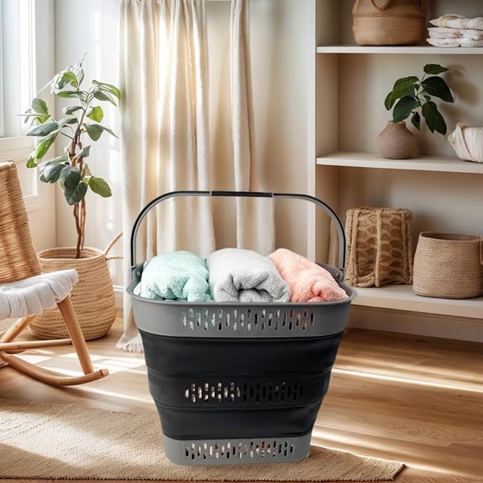 SAMMART 38L (10 Gallon) Collapsible Plastic Laundry Basket - Portable Pop-Up Storage Container/Organizer – Foldable Space Saving Laundry Hamper (2, Grey/Black)