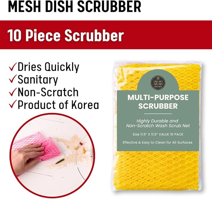 Unha’s Heavy Duty Dish Scrubbers Mesh Cloth, 10-Pack – Non-Abrasive, Quick-Dry Polyester Dishes Scouring Pads, Odorless, Non-Absorbent Kitchen Net Cloths