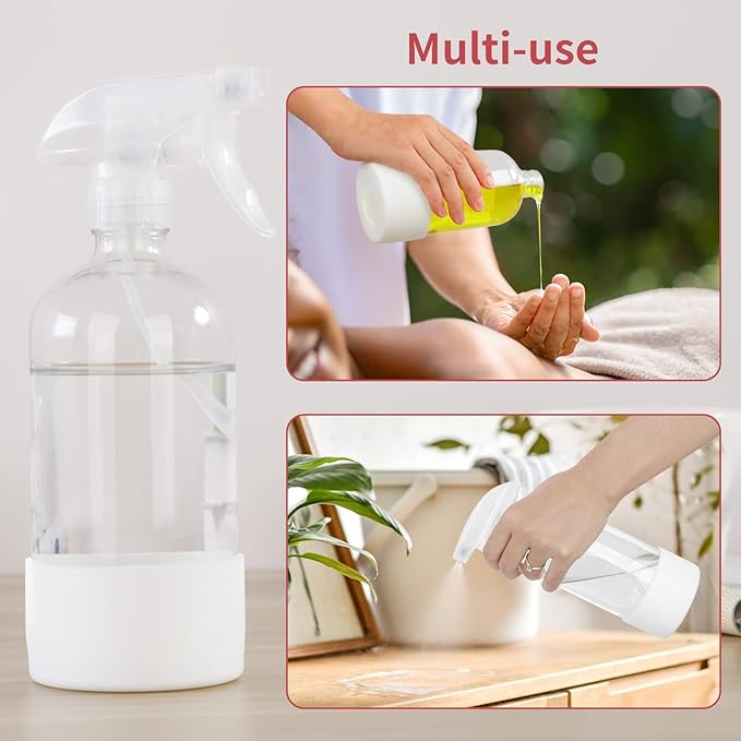 HOMBYS 16 Oz Clear Glass Spray Bottles with Silicone Sleeve,Empty Boston Bottle Spray Bottle with Adjustable Nozzle,Refillable Container for Cleaning, Essential Oils, Hair, Plants