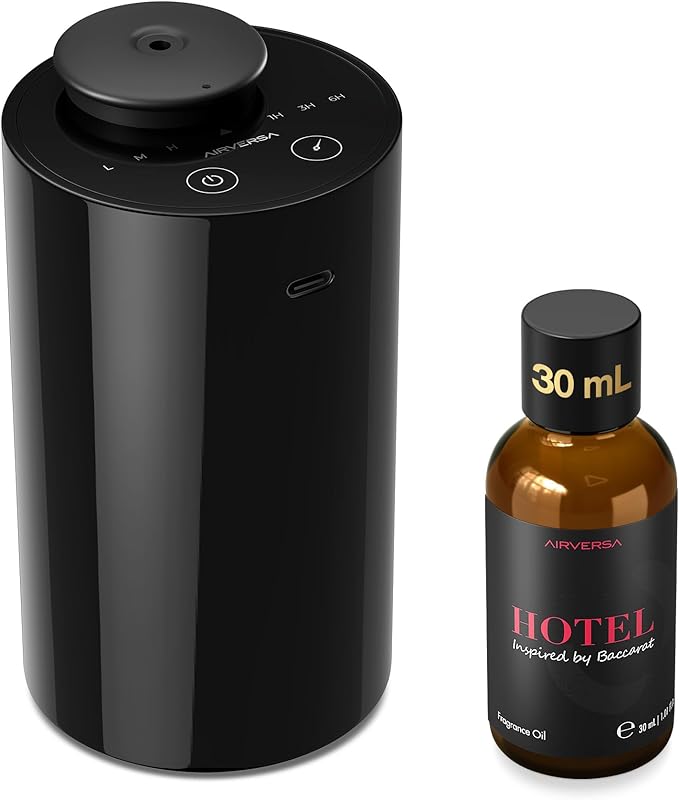 Airversa Waterless Essential Oil Diffuser Starter Kit with 30mL Hotel Fragrance Oil Inspired by BaCRT, Battery Operated Car Diffuser, Portable Aroma Nebulizer for Home Car Office, AN6Kit-4, Black