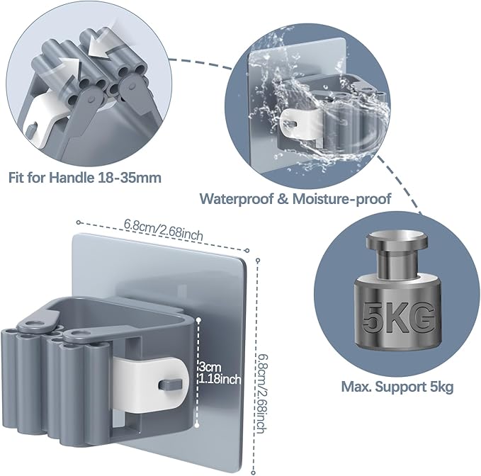 3-H 4-Pack Self Adhesive Broom Holder Wall Mount - Heavy Duty No Drill Broom Organizer for Garage Closet Kitchen, Plastic Storage Rack for Brooms Mops Tools, Peel and Stick Adhesive