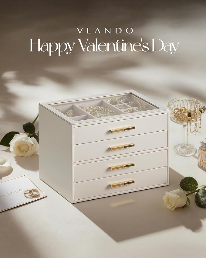 Vlando 4 Layer Jewelry Box for Women, Glass Lid Jewelry Organizer with 4 Drawers for Necklaces Rings Earrings Bracelets - Cloud White