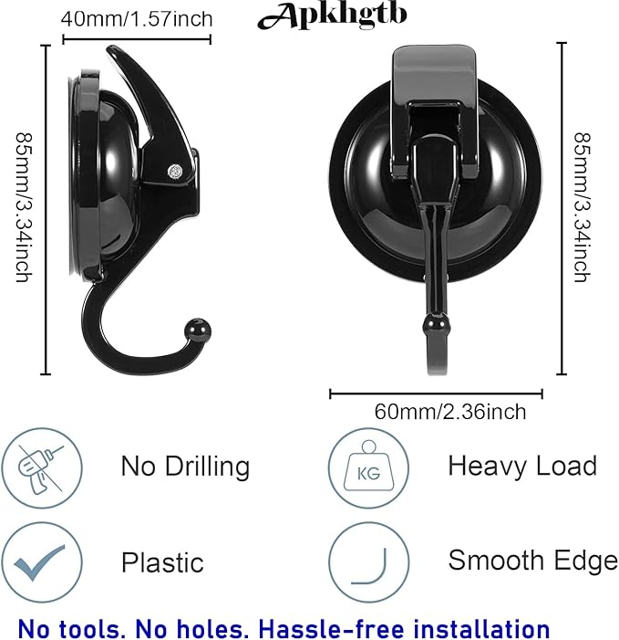 Suction Cup Hooks for Shower, Bathroom, Kitchen, Glass Door, Mirror, Tile – Loofah, Towel, Coat, Bath Robe Hook Holder for Hanging – Waterproof Wreath Hanger (2, Black)
