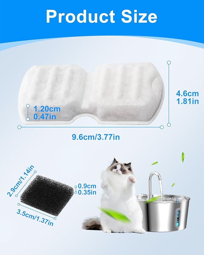 Cat Water Fountain Filters Compatible with 74oz/2.2L Compatible with 87oz/2.6L Stainless Steel Cat Water Fountains, 6 Carbon Filters + 6 Ultra-fine Fiber for Clean & Fresh