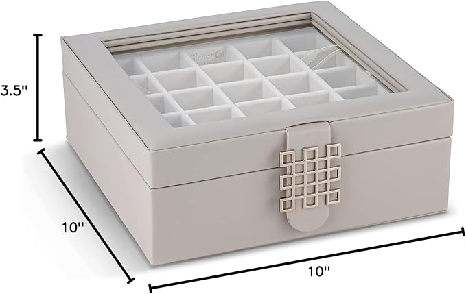 Glenor Co Earring Organizer - Classic 50 Section Jewelry Box/Case/Holder for Earrings, Rings, Necklaces, Jewelry, Cufflinks or Collections -2 Layer Small Compartments with Large Glass Top - Grey