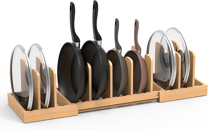 Bambition Bamboo Pot Lid Organizer, Pots and Pans Organizer Inside Cabinet, Pot Lids holder for Kitchen Countertop