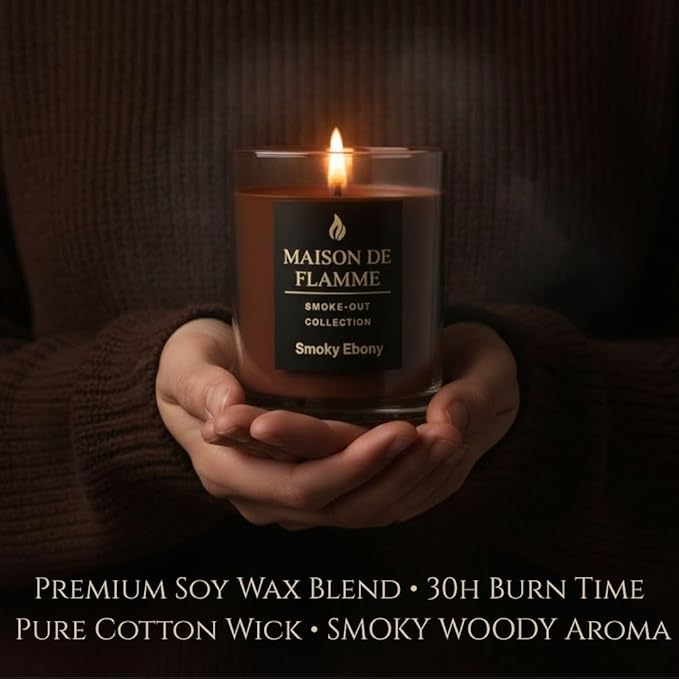 Smoky Ebony Scented Candle – 150g / 5.3 oz Soy Wax Blend, Hand-Poured Candle with Cotton Wick & 10% Fragrance Load – Smoky Woody Oud Home Candle for Bedroom & Living Room Décor