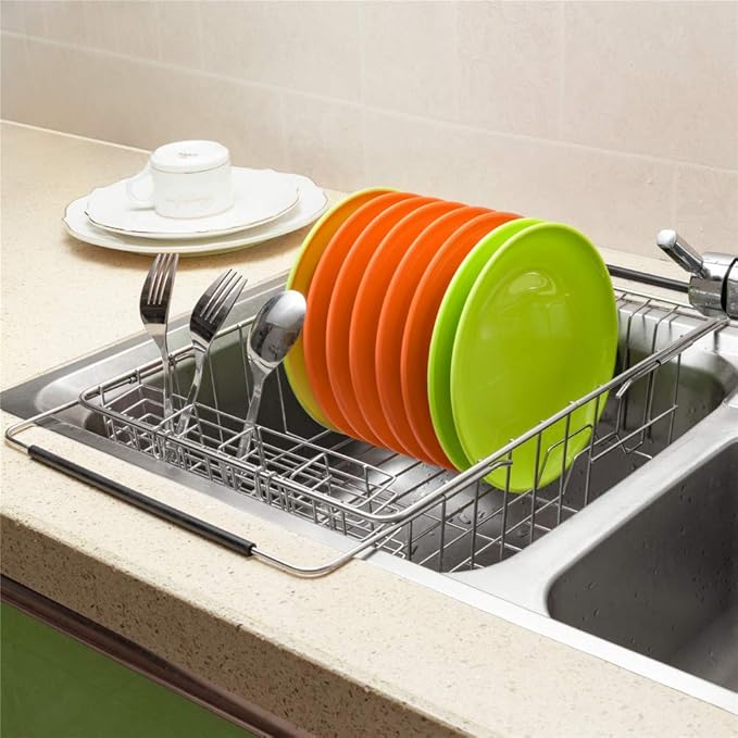 SANNO Expandable in Sink Dish Drying Rack, Large Dish Drying Rack with 4 Division Utensil Silverware Cutlery Holder, Dish Drainer Shelf Dish Rack in Sink On Counter, Rustproof Stainless Steel