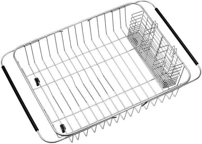 SANNO Dish Drying Rack with Stainless Steel Utensil Holder Large Dish Rack Drainer Drain Expandable Shelf Dish Rack in Sink or Over Sink or On Counter Rustproof Stainless Steel