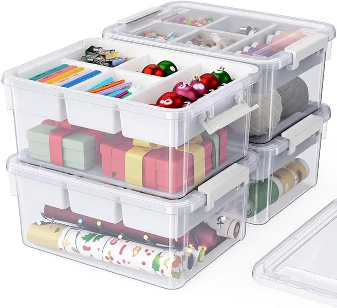 80Qt Plastic Storage Bins with Lids, Clear Latching Organizers Boxes with Removable Trays, Portable Storage Containers, for Holiday Ornaments, Home Organization, 4Pack
