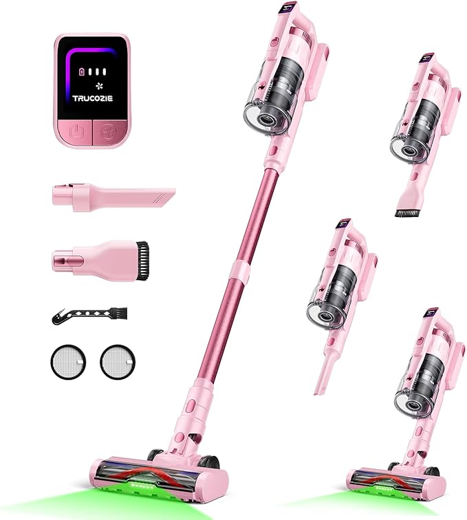 Cordless Vacuum Cleaner for Home, Upgraded 60Kpa Powerful Suction Pet Hair Vacuum with 70min Runtime, Green LED Light for Hardwood Floors & Carpet, Self-Standing Rechargeable Stick Vacuum, Light Pink