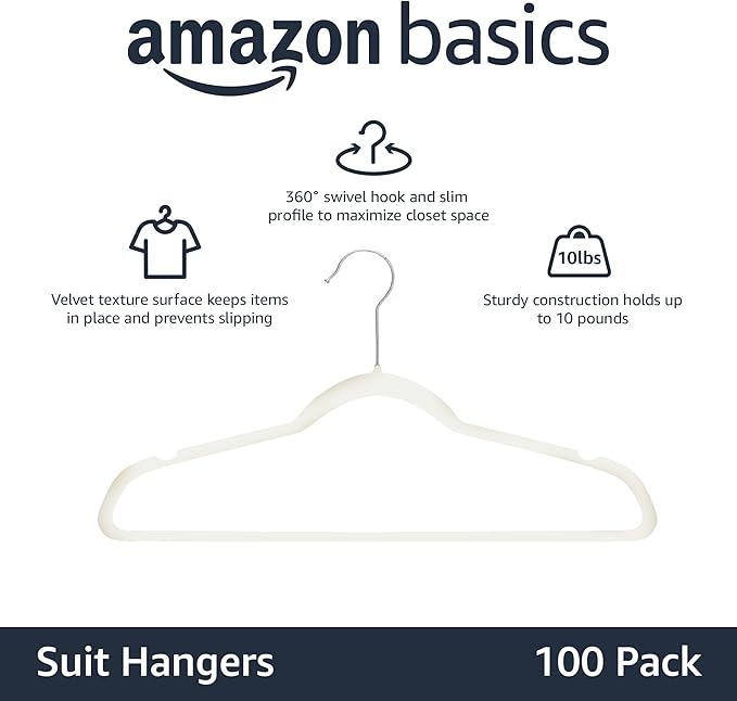 Amazon Basics Slim, Velvet, Non-Slip, Space-Saving Suit Clothes Hangers, Pack of 100, Ivory/Beige