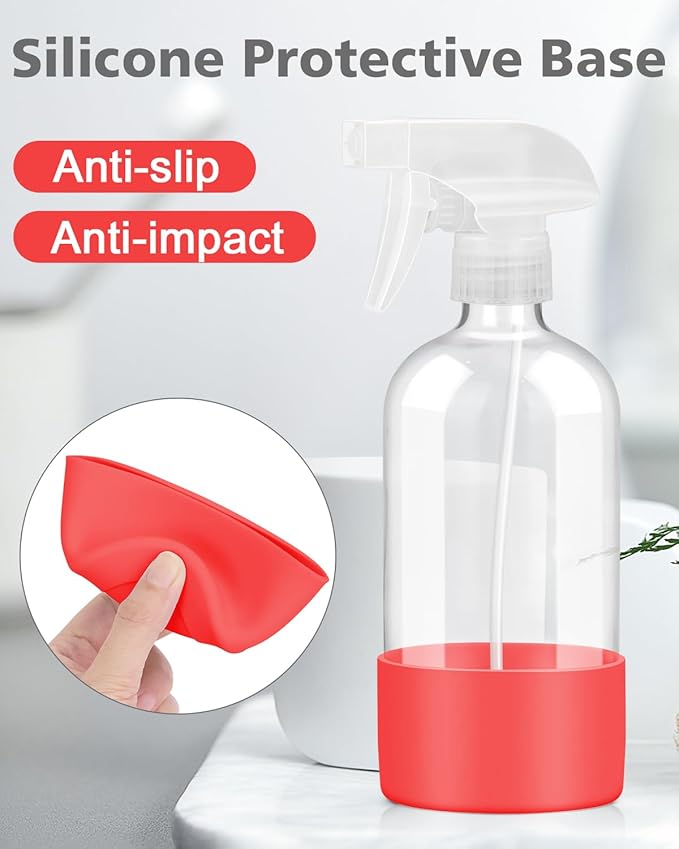 Rionisor Glass Spray Bottles with Silicone Sleeve Protection, Empty 16OZ Reusable Spray Bottles, Refillable Containers with Spray Nozzles for Cleaning Solutions, Plants and Essential Oils 1 Pack Red