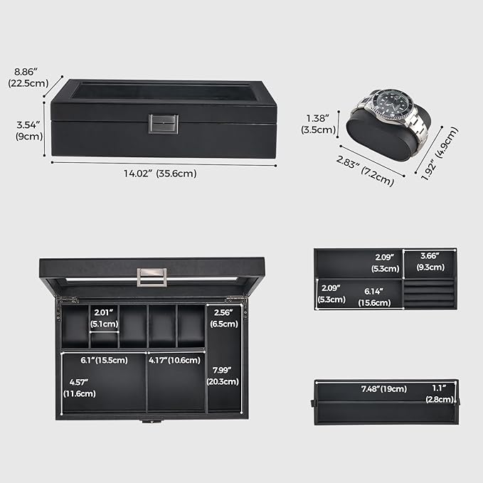 ProCase Men's Jewelry Box, 5-Slot Wood Watch Display Case Jewellry Storage Organizer for Sunglasses Rings Accessories with Hidden Compartment, Watch Holder with Glass Lid, Gift for Men -Black