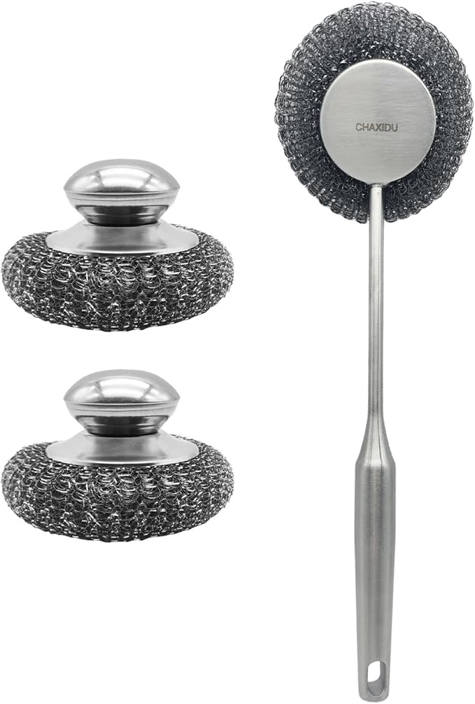 CHAXIDU Stainless Steel Wool Scrubber Set, Long Handle & Handle Brushes,Metal Brush for Pots, Pans, Grills & Cutlery Cleaning (3 Pack)