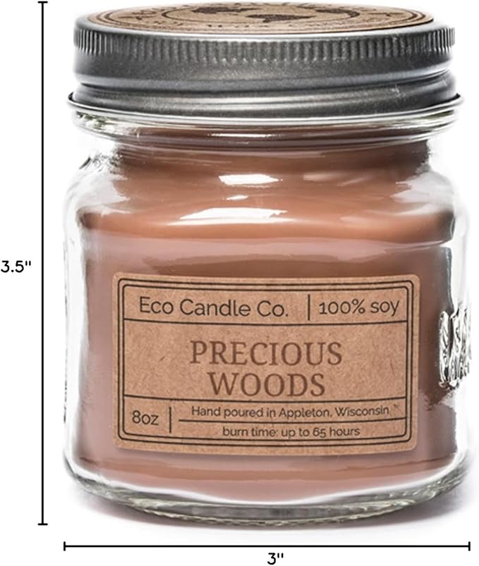 Eco Candle Co. Mason Jar Candle, Precious Woods, 8 oz. - Scents of Smoked Wood, Nutmeg, Musk, & Ylang - 100% Soy Wax, No Lead, Kraft Label & Antiqued Pewter Lid, Hand Poured, Midwest Grown Soybeans