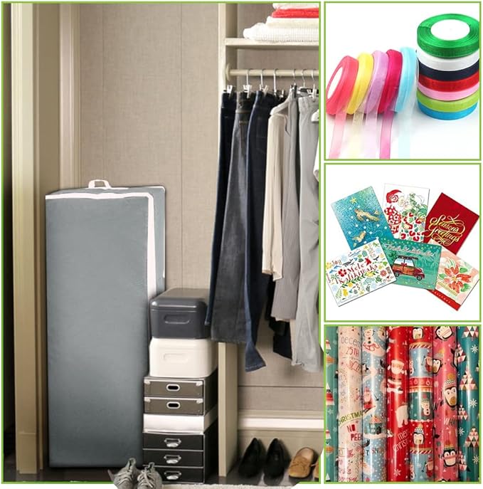 Primode Wrapping Paper Storage Container | Gift Wrap Organizer Under Bed 41”x14”x6” Box Holder for 18-24 Rolls Up to 40” | 600D Oxford Material | Pockets for Ribbon Bows (Grey)