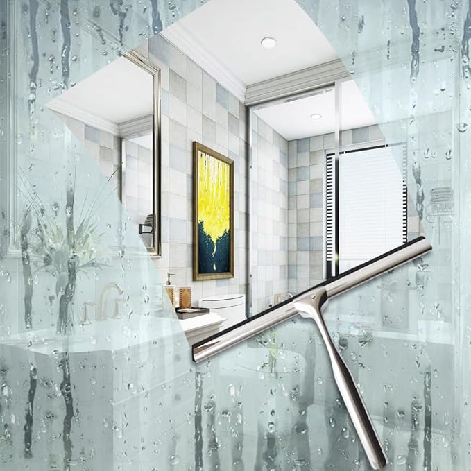 Shower Squeegee for Glass Doors Stainless Steel with Self Adhesive Hook Window Squeegee for Shower Door Bathroom Mirror Wiper, Window Glass Cleaning