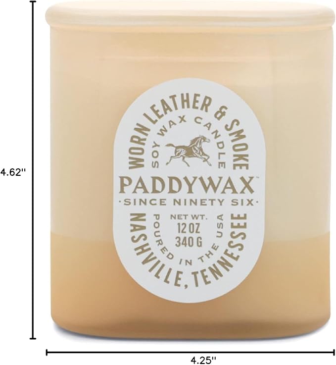 Paddywax Vista Scented Candle with Lid in Reusable Tonal Glass Jar, Clean-Burn 2-Wick Soy Candle with Approx. 84 Hour Burn Time, Decorative Gift Candles for Home, Worn Leather & Smoke, 12 oz