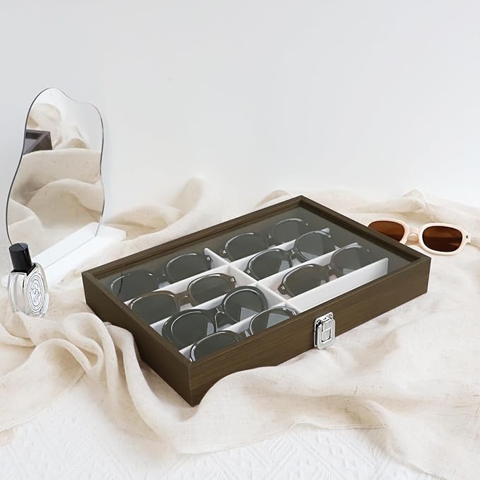 Wudygirl Sunglasses Organizer 8 Slot Jewelry Organizer Tray Vintage Jewelry Box Wooden Glasses Organizer with Lid Watches Display Jewelry Tray for Women (Beige 8 Grid