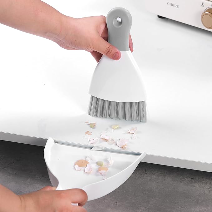 NACENA Mini Dustpan and Brush Set, Small Broom and Dustpan Set Dust Pan and Mini Hand Broom Dustpan and Broom Combo Compact for Home Table Keyboards Sofa Kitchen, White & Gray