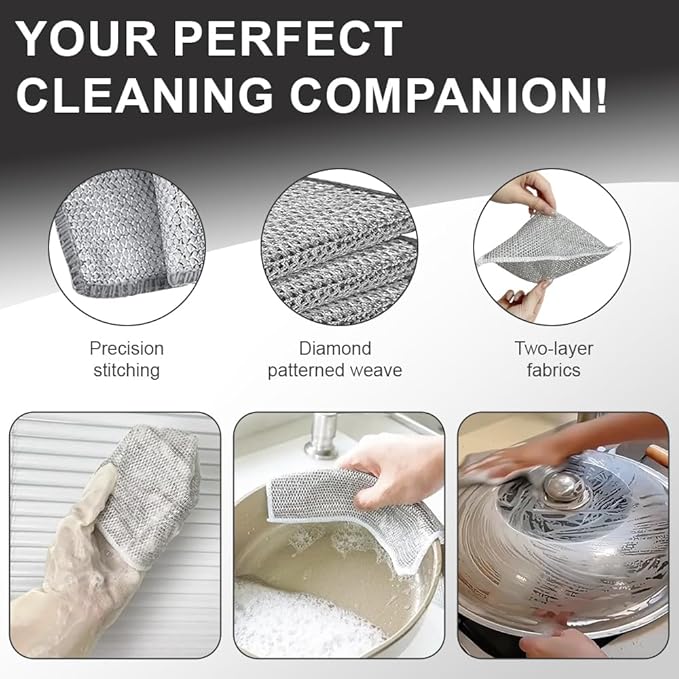 BD Prime Ventures Wire Cleaning Cloths, 10-Pack Multipurpose Dishwashing Rags, Reusable Kitchen Scrubber, Effective Dishcloth Rag for Cookware (Silver)