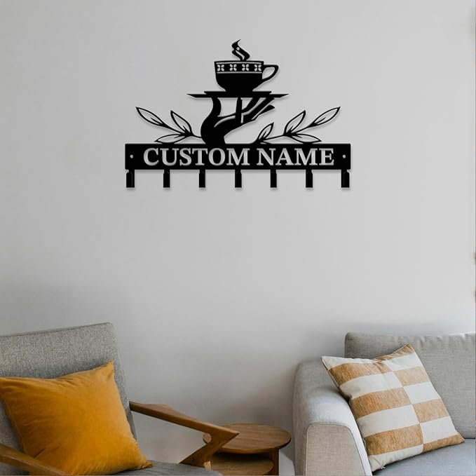 Personalized Custom Name Coffee Bar Wall Keys Hooks,Metal Coffee Shop Art Clothes Hooks,Metal Coffee Lover Wall Home Storage Decorative,For Front Door, Hallway, Kitchen, Bedroom,Keys,Hats (Style C)