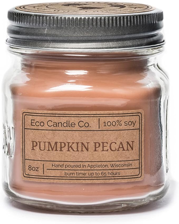 ECO CANDLE CO. Mason Jar Candle, Pumpkin Pecan, 8 oz. - Scents of Pumpkin, Pecans, & Maple Syrup - 100% Soy Wax, No Lead, Kraft Label & Antiqued Pewter Lid, Hand Poured, Midwest Grown Soybeans