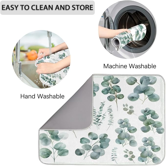 Hexteria Dish Drying Mat for Kitchen Counter Dish Mat Pad Absorbent Microfiber Kitchen Drying Mat Dish Drainer Rack Mat, 16x18 Inch, Eucalyptus Leaves