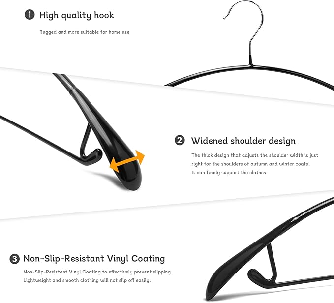 Nature Smile Non Slip PVC Coating Sweater Hangers,Dress Suit Coat Hangers,Wide Shoulder Bump Free Golf T Shirts Clothes Hangers (Black Color 20 Pack)