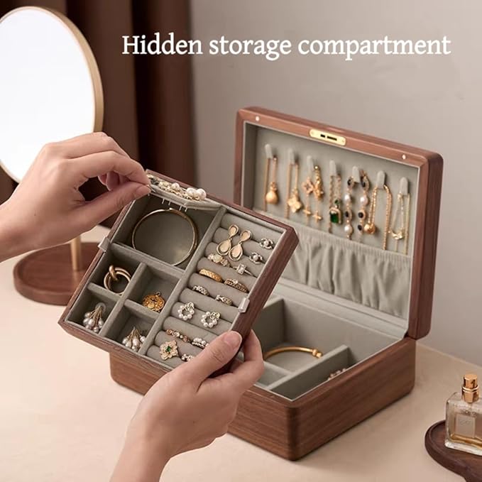 Bescott 2 Layer Solid Black Walnut Wooden Jewelry Box with Lock and Key for Women Wood Vintage Organizer for Men Earrings Rings Necklaces Bracelet Watch Storage Mother's Day Gift