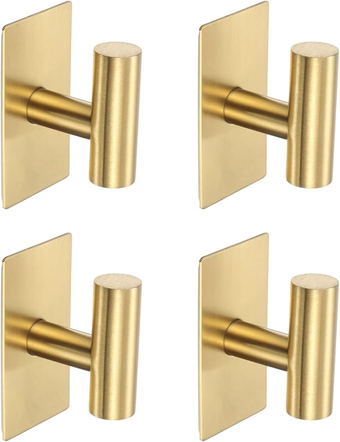 4 Pack Towel Hooks for Bathroom, Wall Hooks Self-Adhesive No-Drill Door Hanger Apply to Shower/Kitchen/Bedroom/Hanging Coat/Towel/Robe (Gold)