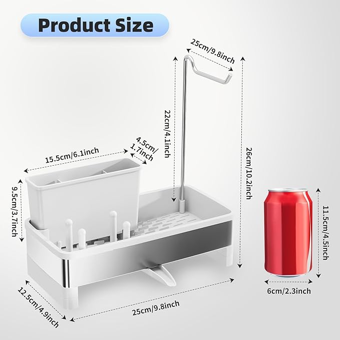 Ewaiira Stainless Steel Sink Caddy, Sponge Holder for Kitchen Sink with Brush Holder & Dishcloth Rack, Rustproof Sink Organizer Countertop, Kitchen Organizers Storage Essentials (E-White)