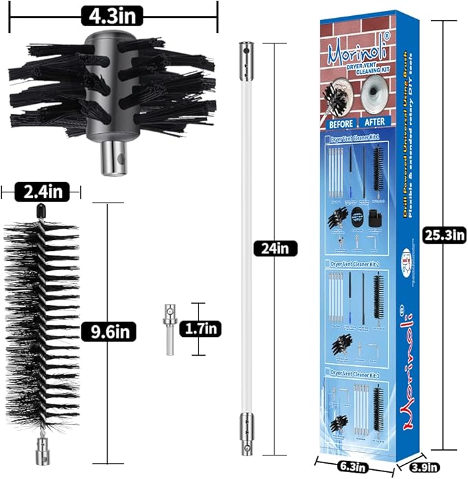 60 Feet Dryer Vent Cleaning Kit - Chrome Button Locking System, Extends Up to 60 Feet, Lint Remove, Dryer Duct Cleaner with Bonus Drill Attachment, Lint Trap Brush