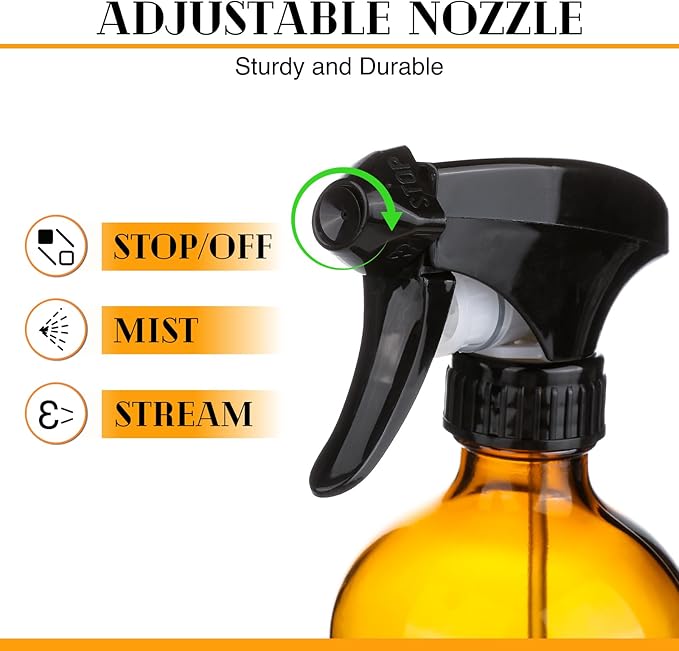 ZENOWICK 2 Pack/16 Oz Glass Spray Bottles, Refillable Empty Containers with Silicone Sleeve, Upgraded Adjustable Nozzle Spray Bottle Sets for Cleaning, Essential Oils, Hair (Amber)