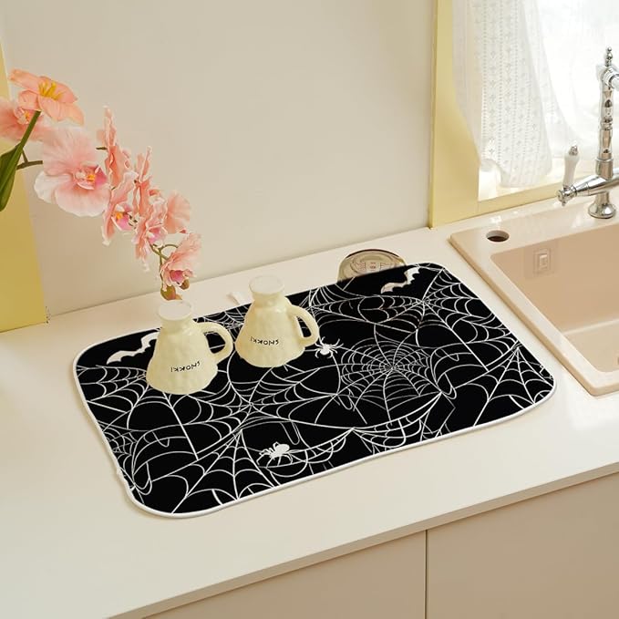 Halloween Dish Drying Mat 18 x 24 Inch Bat Spider Web Drying Mat for Kitchen Counter Absorbent Spiders Black Dishes Dry Pad for Drainer Rack Kitchen Fast Dry