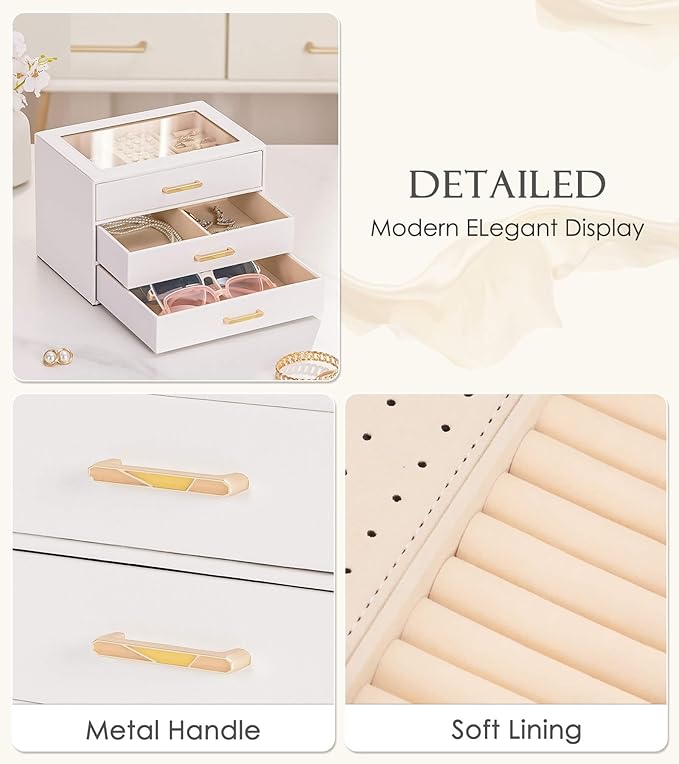 Homde Jewelry Box with Compartments for Women: Big Storage Organizer for Room - Necklace, Earring, Ring Holder for Dresser (White + Yellow)