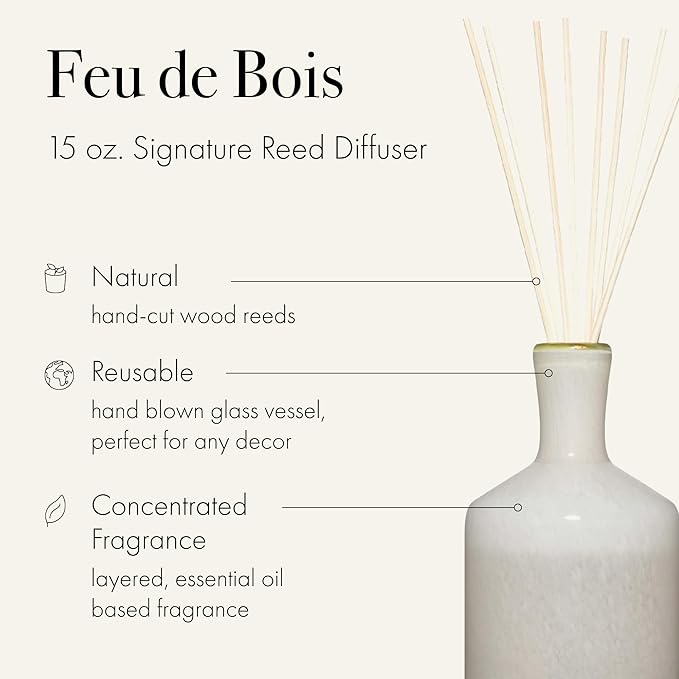 LAFCO New York Signature Reed Diffuser, Feu de Bois - 15 oz - Up to 9 Months Fragrance Life - Reusable, Hand Blown Glass Vessel - Natural Wood Reeds - Made in The USA