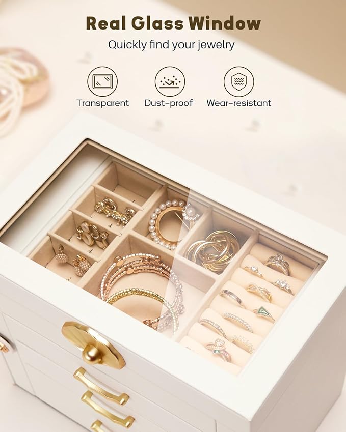 Jewelry Box with 3 Drawers: Display Organizer for Earrings Necklaces - Gift for Girls Women (White)