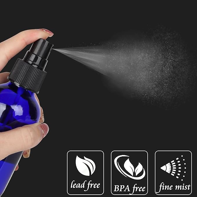 CycleMore 25 Pack 4oz Blue Glass Spray Bottles with Fine Mist Sprayers, Glass Travel Bottles for Cosmetic Essential Oils Cleaning Solutions Perfumes & More Liquids (1 Brush, 2 Funnels and 36 Labels)