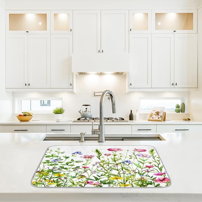Hexteria Colorful Flowers Dish Drying Mats for Kitchen Counter 16 X 18 Inch Spring Floral Microfiber Dish Mat, Dish Drainer Mats for Countertops, Wildflower