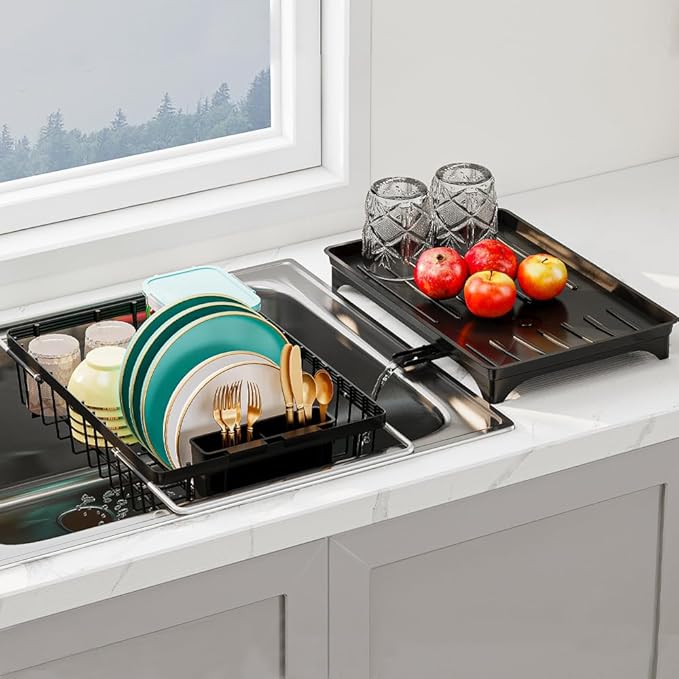 HANLE Small Dish Drying Rack in Sink, Expandable Stainless Steel Dish Drainers for Kitchen Counter, with Drain Board & Utensil Holder(Black)