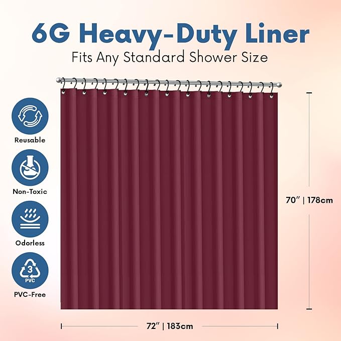 Premium Shower Curtain Liner, 72"W X 72"H - PVC-Free, 6G PEVA Shower Curtain with 12 Rust Proof Grommets And Magnet-weighted Bottom Hem - Moisture Stain Proof Shower Curtain Liner - Burgundy